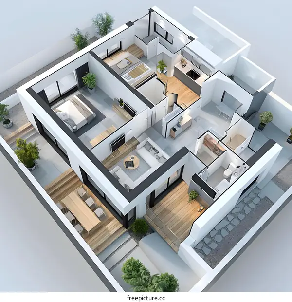 Modern Apartment Floor Plan with Outdoor Patio and Balcony