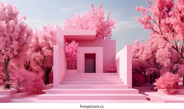 Pink Minimalist House in a Cherry Blossom Forest