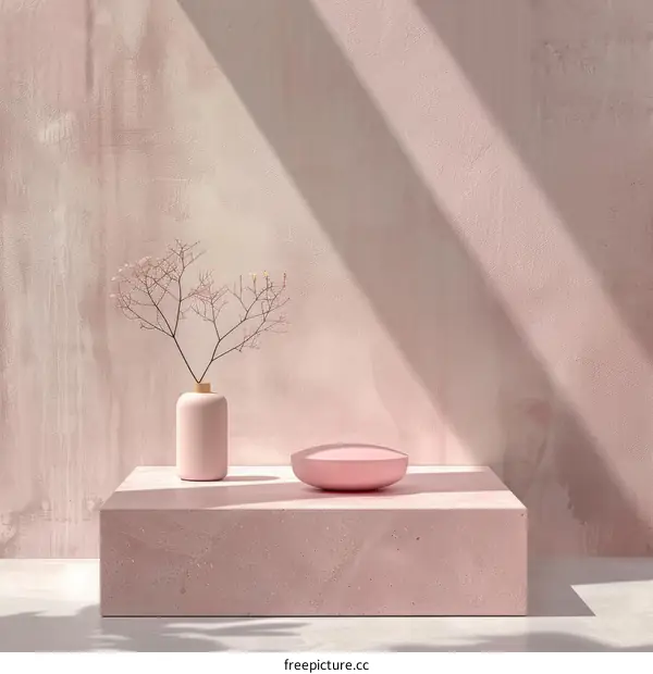 Minimalist Pink Podium with Vase and Bowl