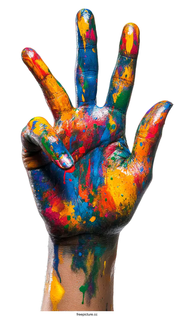 [Transparent Background PNG]Colorful Hand with Paint Splatter Art