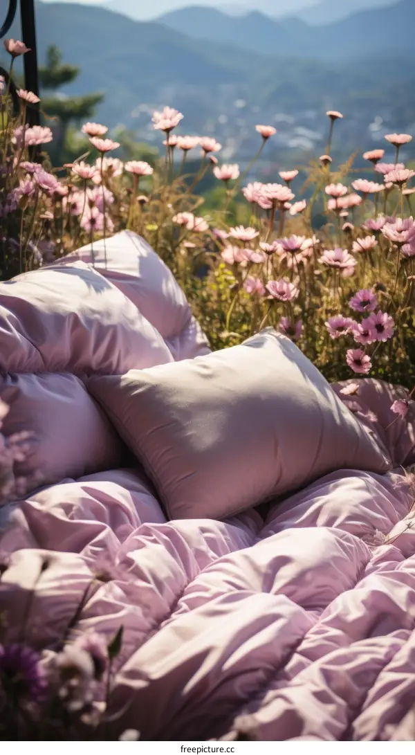 Pillows and bedding in a field of flowers with a mountain view