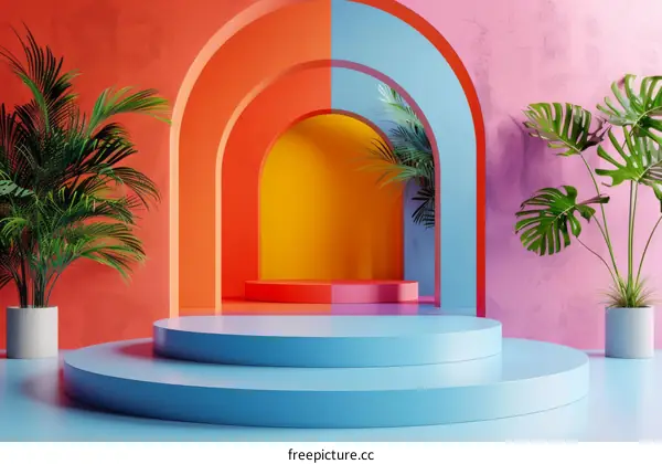 Colorful Archway Display Platform with Plants