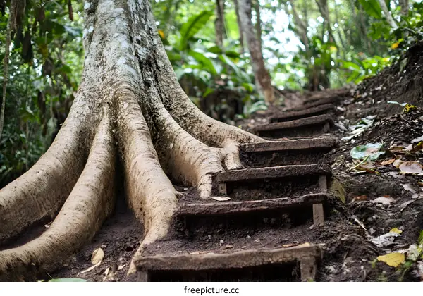 Tree Roots and Wooden Steps in a Lush Green Forest