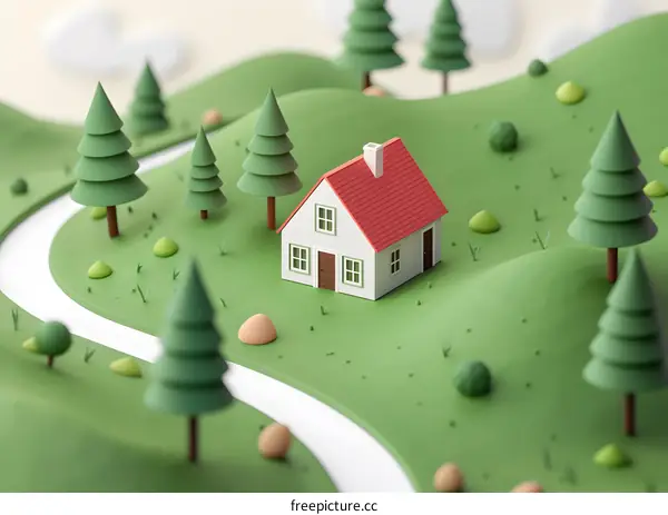 Cute 3D Illustration of a Small House in the Forest with a Winding Road