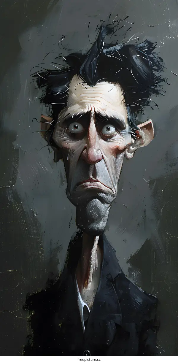 A painting of a man with a long face and a sad expression.