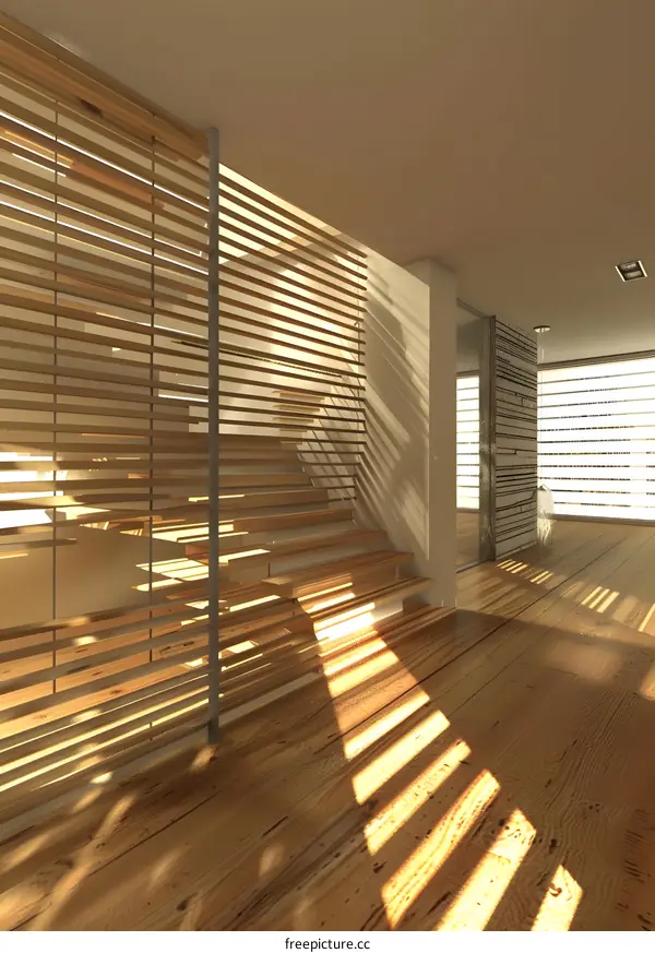 Modern House Interior Design with Wooden Stairs and Sunbeams