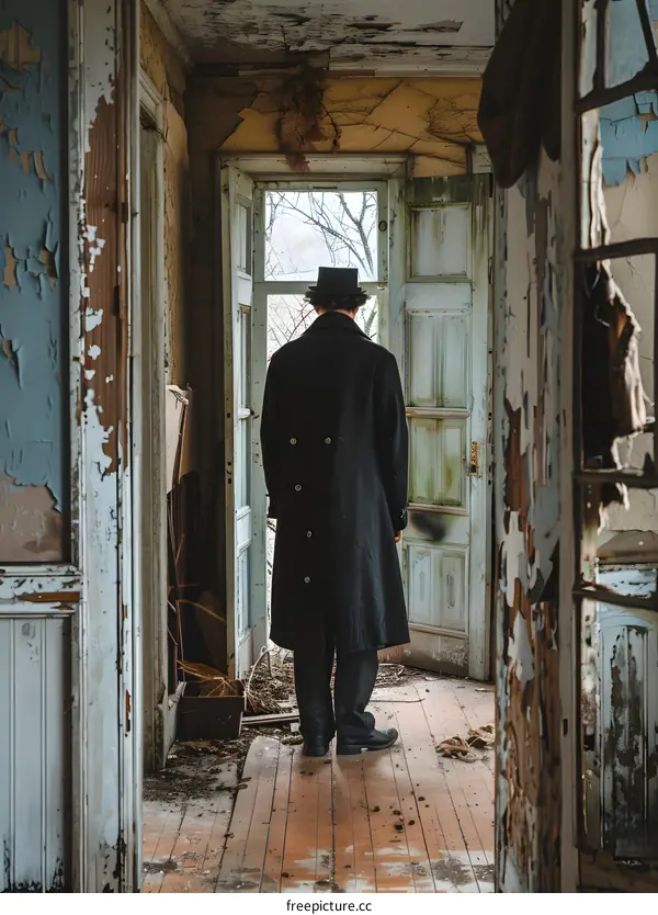 Man in a vintage suit standing in an abandoned room