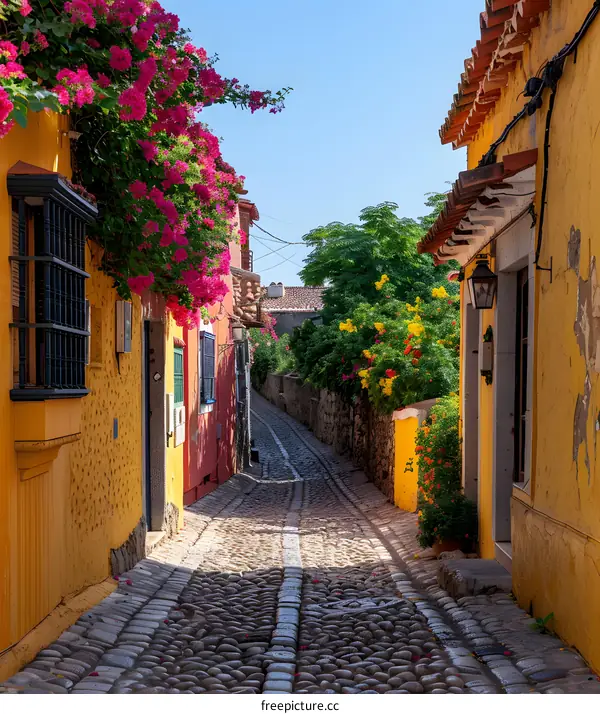 A colorful alley with flowers and cobblestone streets