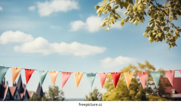Colorful triangular flags hanging from a string against the backdrop of a blue sky and a few wispy white clouds