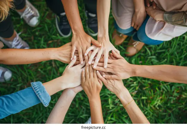 Multiracial group of people joining their hands together over green grass background