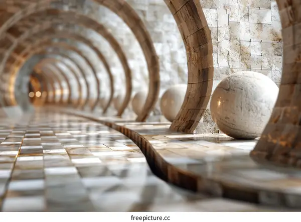 Abstract Architectural Tunnel Corridor with Marble Balls