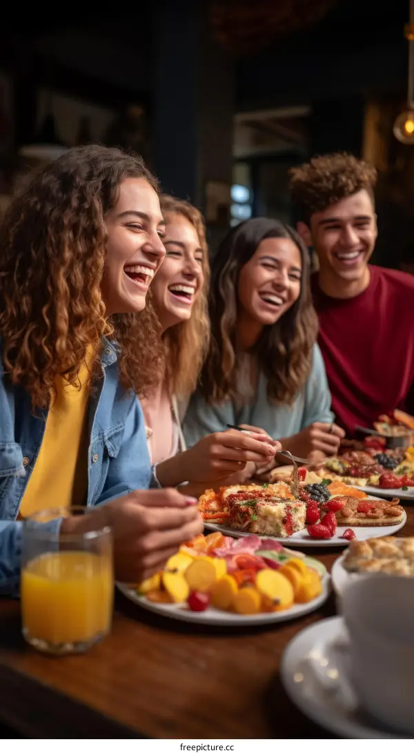 Four friends laughing and eating breakfast together at a restaurant