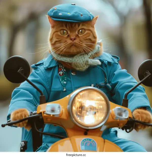 ginger cat in blue beret and scarf rides yellow scooter