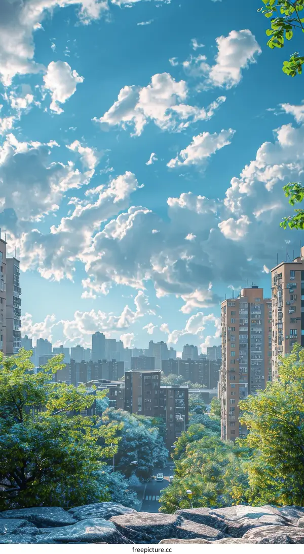 Cityscape with Lush Green Trees and Blue Sky