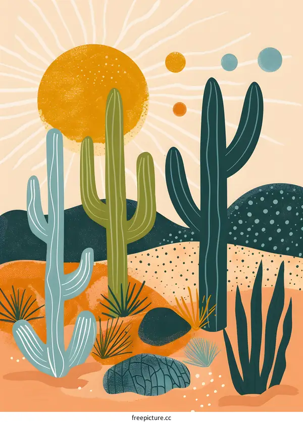 Desert Landscape With Cactus And Sun