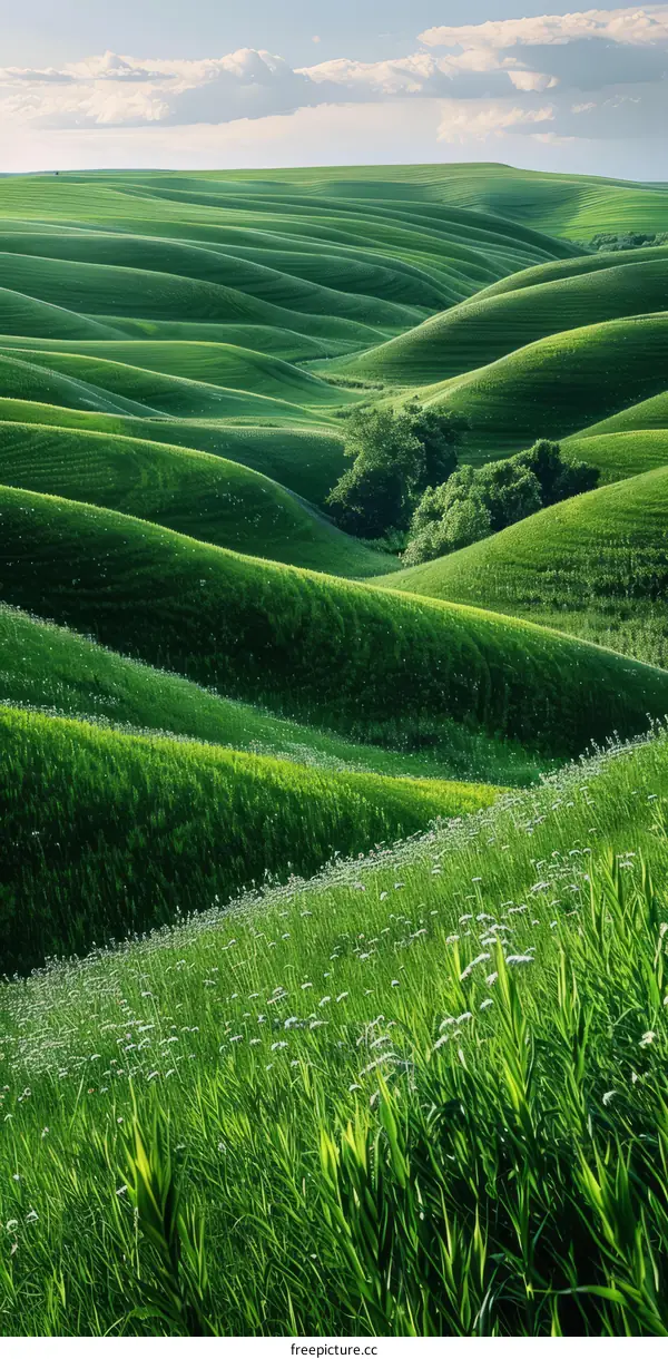 Green Rolling Hills with White Wildflowers