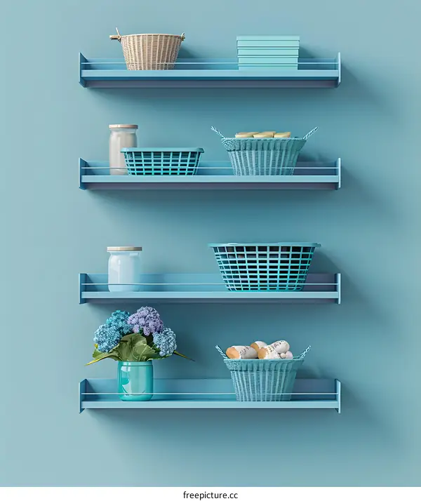 Blue Shelves With Baskets And Flowers