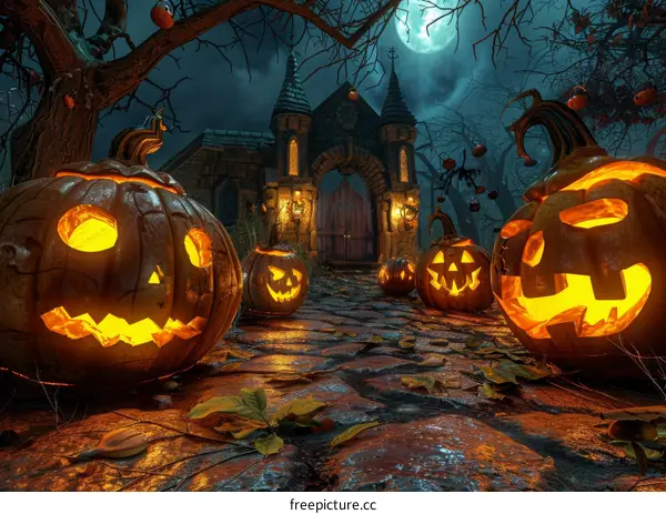 Spooky Halloween Night with Pumpkins and a Haunted House