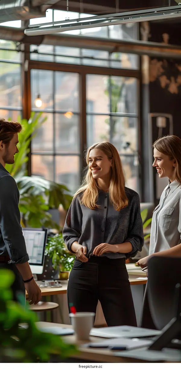 Three Colleagues Talking and Smiling in a Modern Office