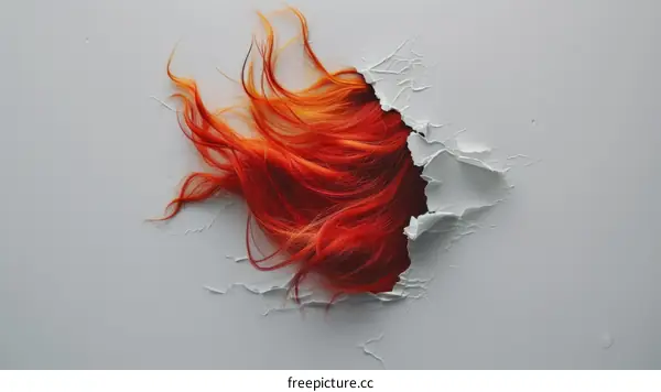 Orange hair strands flowing out of a hole in a white wall