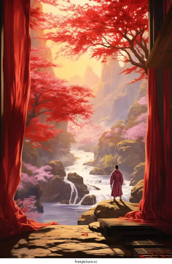 A samurai standing on a rock in a beautiful landscape with red trees and a waterfall