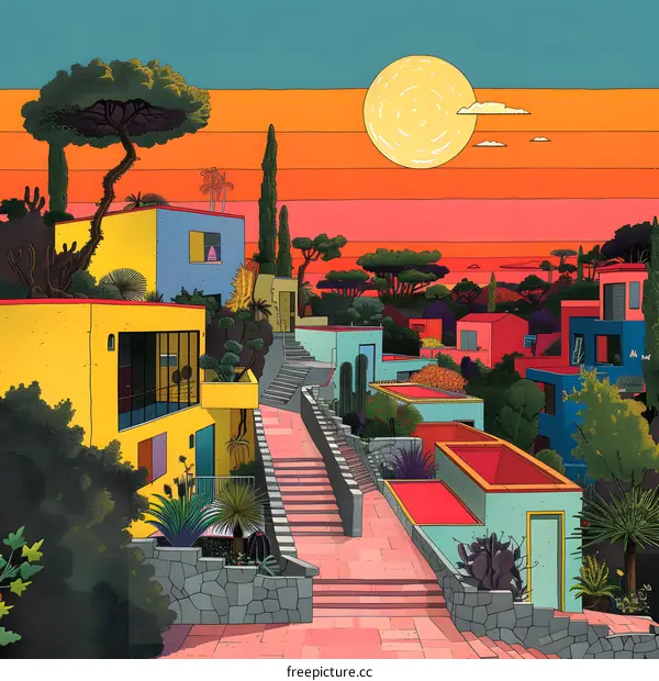 Abstract Illustration of a Sunset Landscape with Buildings and Trees