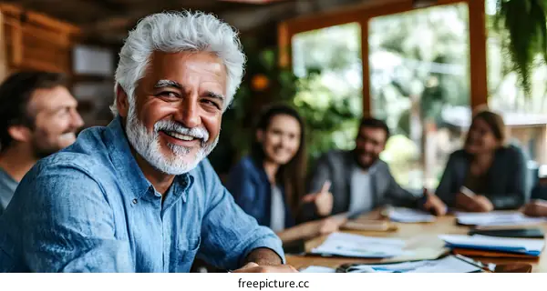 Smiling Senior Man In Meeting With Team