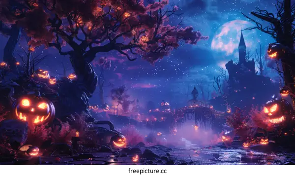 Spooky Halloween night in a creepy forest with a haunted house