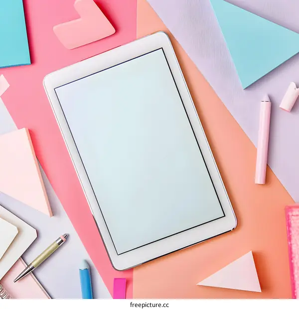 Flat Lay of Tablet with Colorful Paper and Stationery
