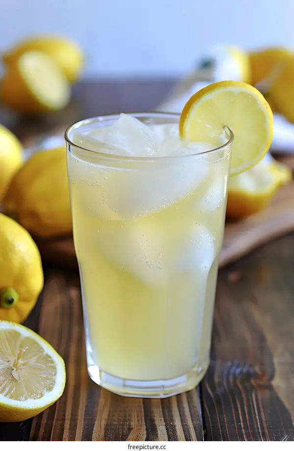 Refreshing Iced Lemon Drink with Lemon Slices and Ice Cubes