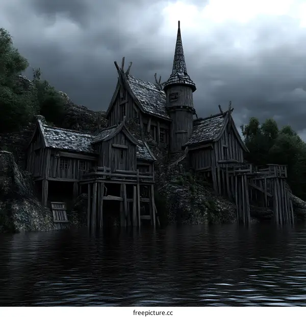 Dark Fantasy Medieval Wooden House On Cliff By Lake