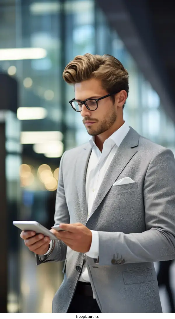 Businessman in suit using smartphone