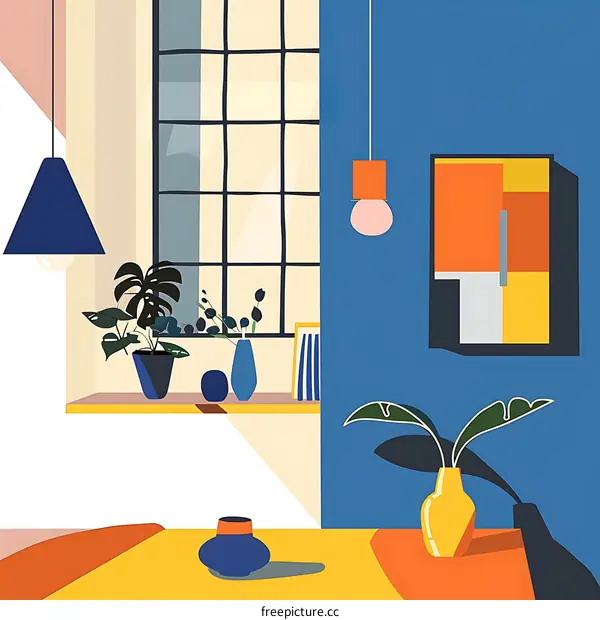 Modern Minimalist Interior Design Illustration with Colorful Accents