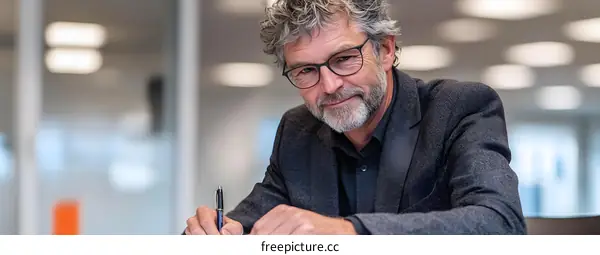 Businessman Writing in Office with Pen and Glasses