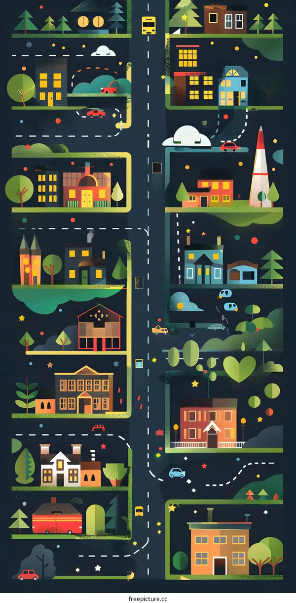 Nighttime Cityscape Illustration With Buildings, Cars, and Stars