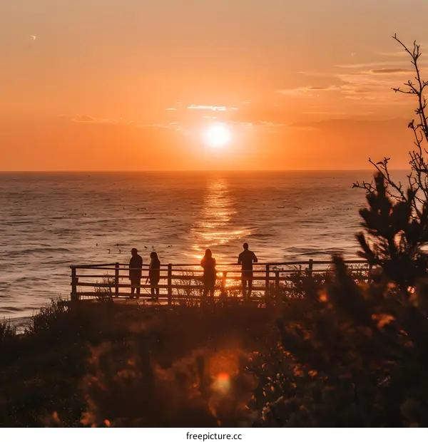 Silhouettes of People Watching Sunset Over Ocean