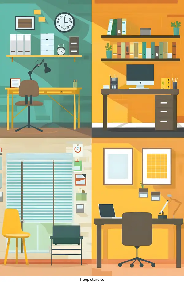 Four Different Workspaces Flat Illustration