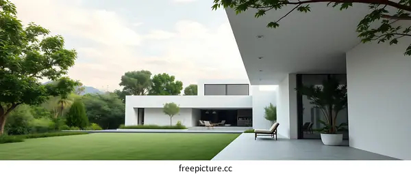 Modern White House with Green Lawn and Patio