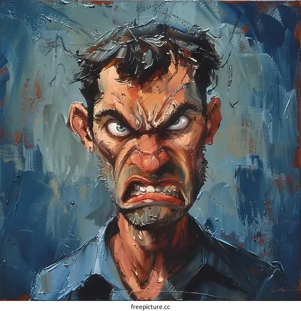 An angry man with a beard and a blue shirt