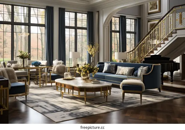 Blue and gold living room interior with marble coffee table, piano, and large windows