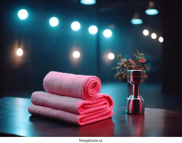 Pink Towels Stacked on Table in Gym