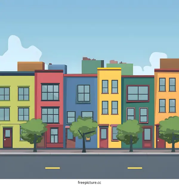 Colorful Row Houses in a Cityscape Illustration