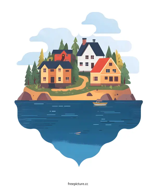 Waterfront Village Illustration With Colorful Houses