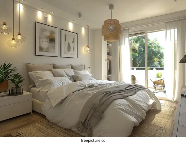 Modern bedroom with balcony and natural light