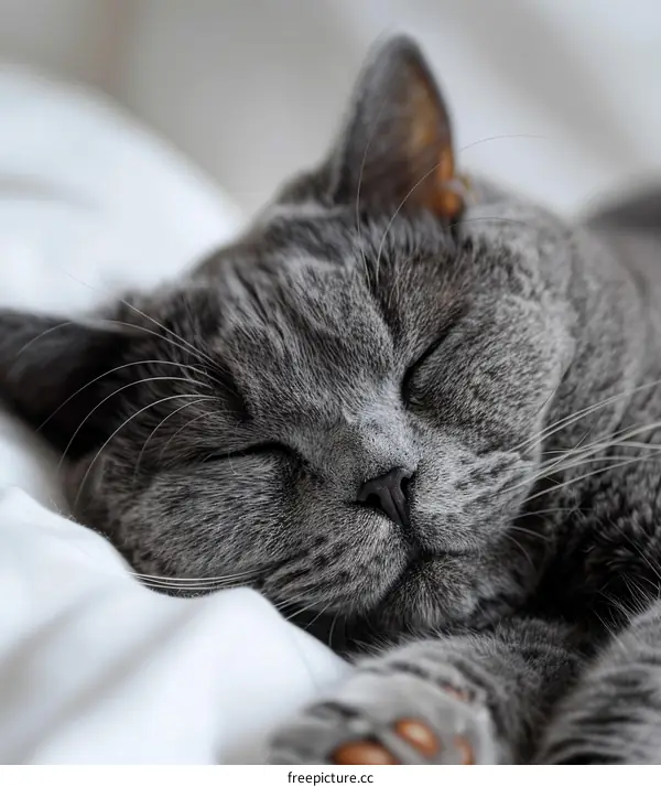 A gray shorthair cat is sleeping on a white blanket.