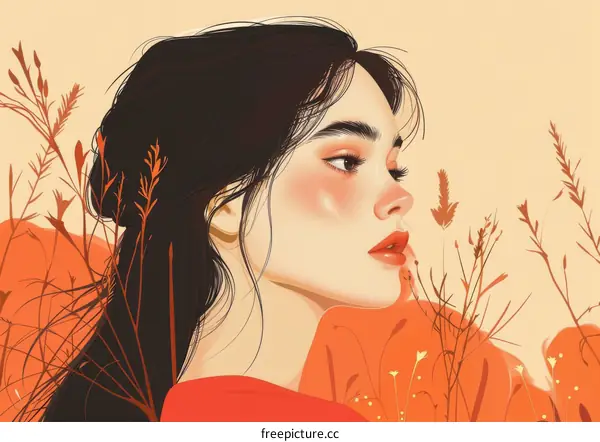 Beautiful Woman in Red With Flowers Illustration