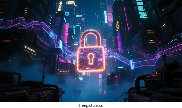 Neon Lock in Futuristic City with Digital Network Lines