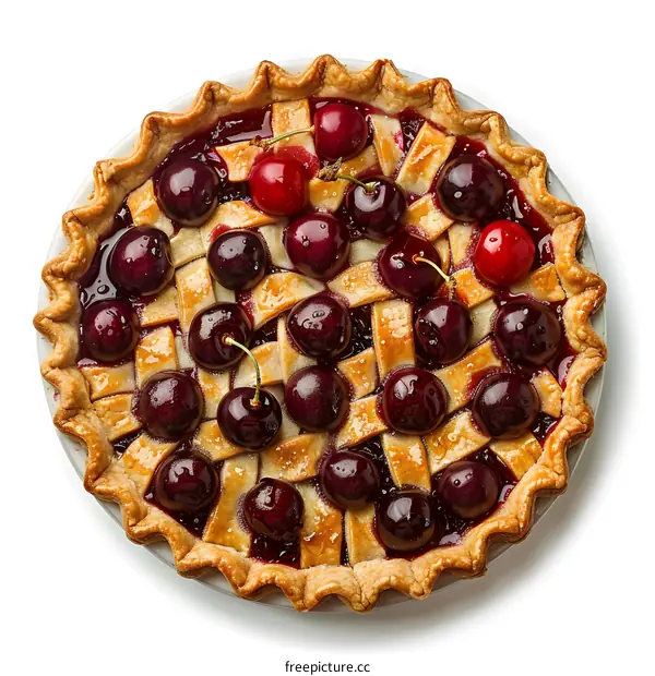 Top view of homemade cherry pie with fresh cherries on white background