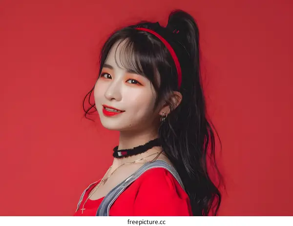 Portrait of a Young Asian Woman with Red Lipstick and a Red Headband