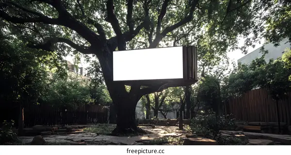Blank Billboard Mounted On A Tree In The Park